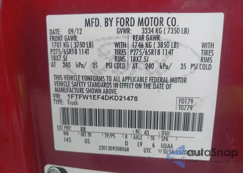 2013 Ford F-150 Xlt z USA, uszkodzony, nr VIN 1FTFW1EF4DKD21478